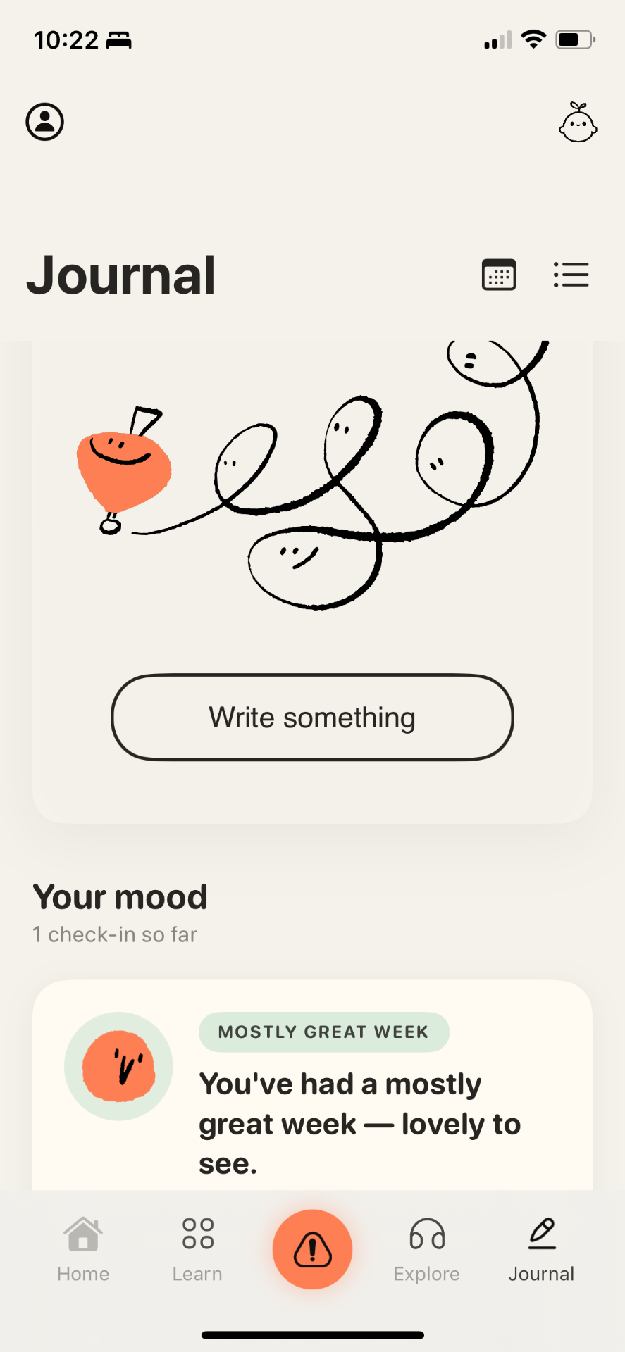 Huggers journal with mood check-ins and weekly summaries